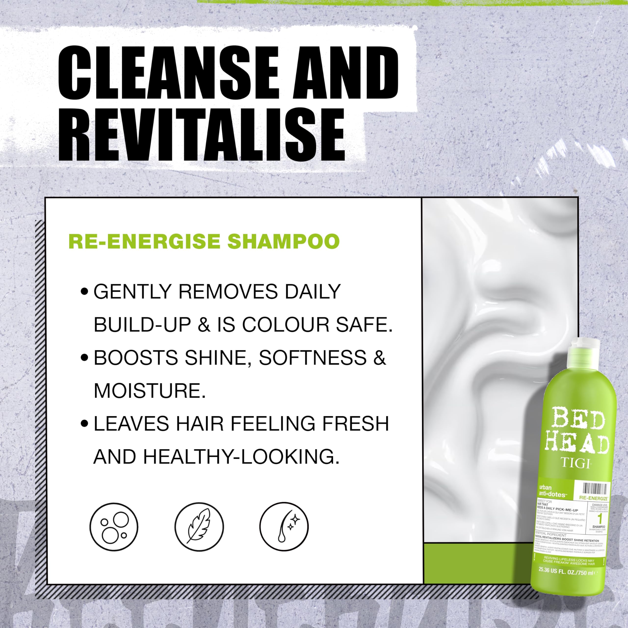 Envase de champú Bed Head Re-Energize 750 ml, diseño profesional