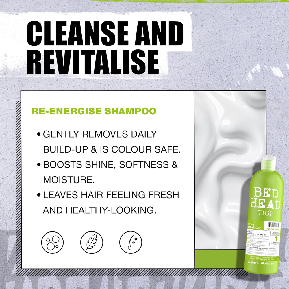 Envase de champú Bed Head Re-Energize 750 ml, diseño profesional