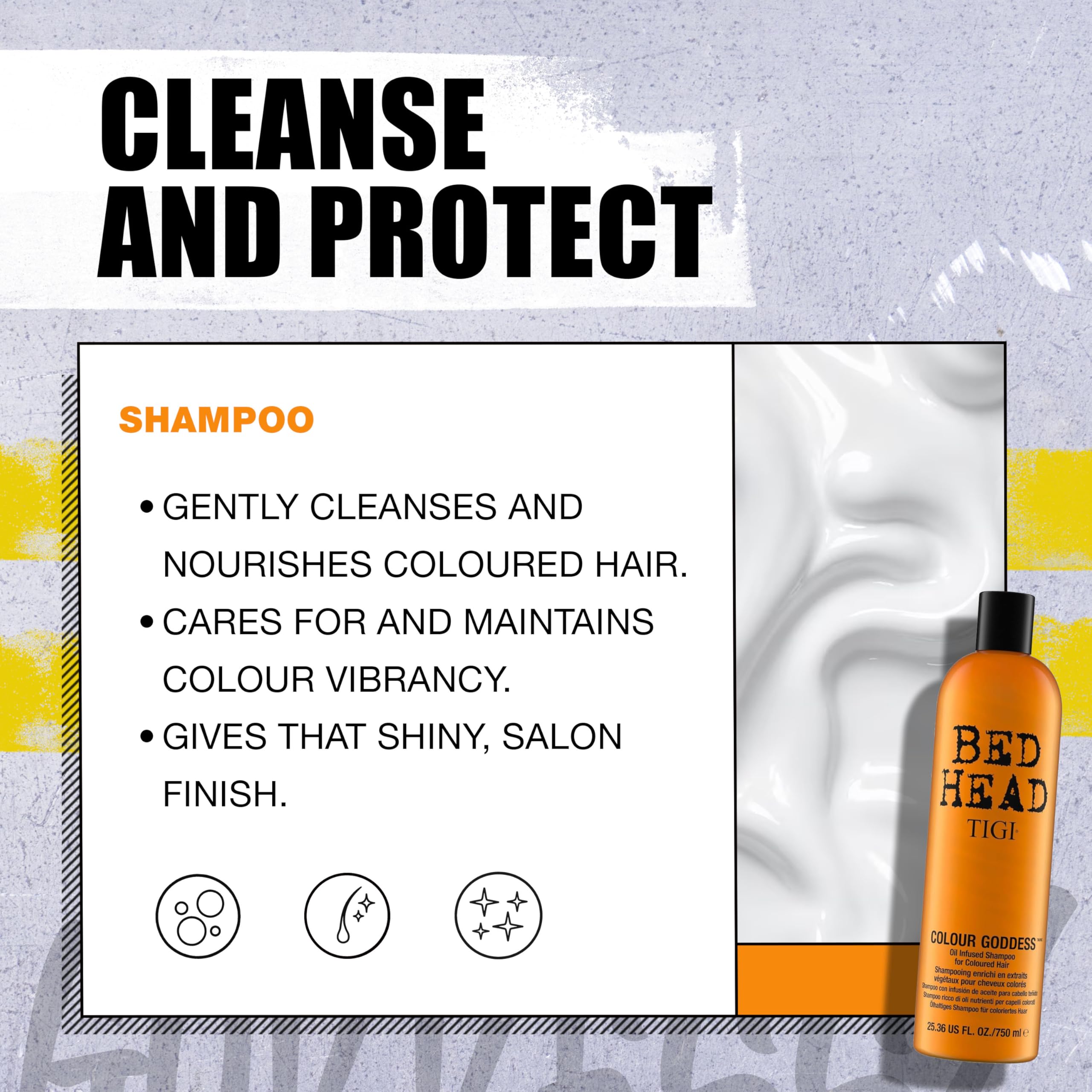 Etiqueta del acondicionador Colour Goddess para uso diario en cabello teñido.