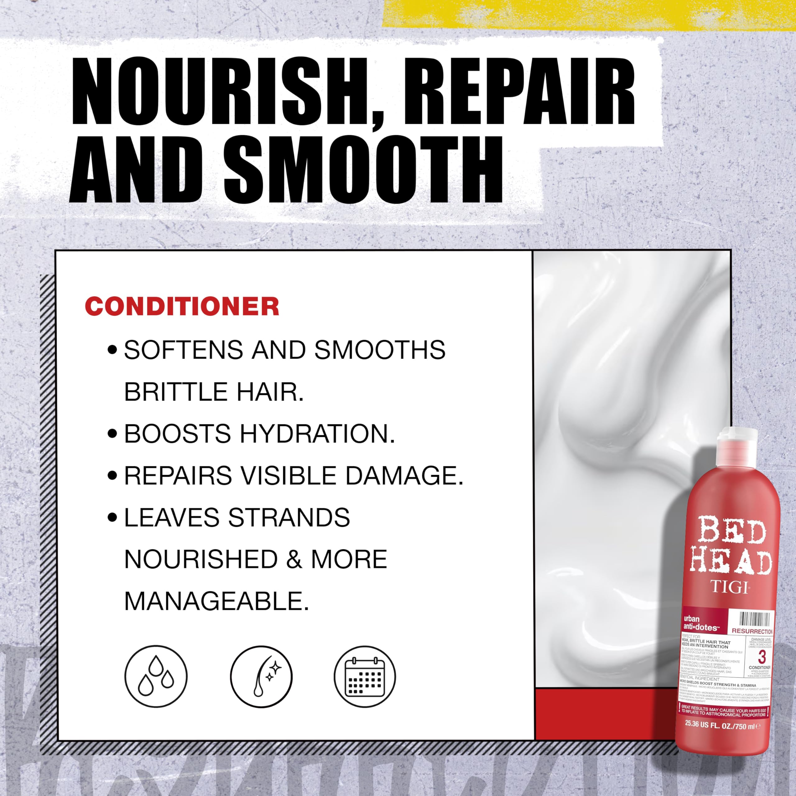 TIGI Resurrección: ingredientes con keratina y aceites nutren profundamente el cabello.