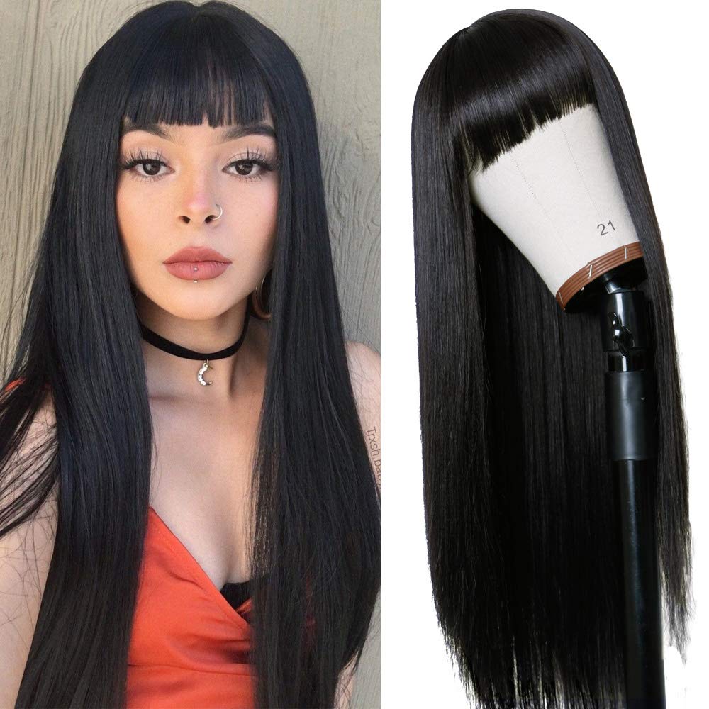 TIMANZO peluca largo liso Remy con flequillo para look natural y versátil.
