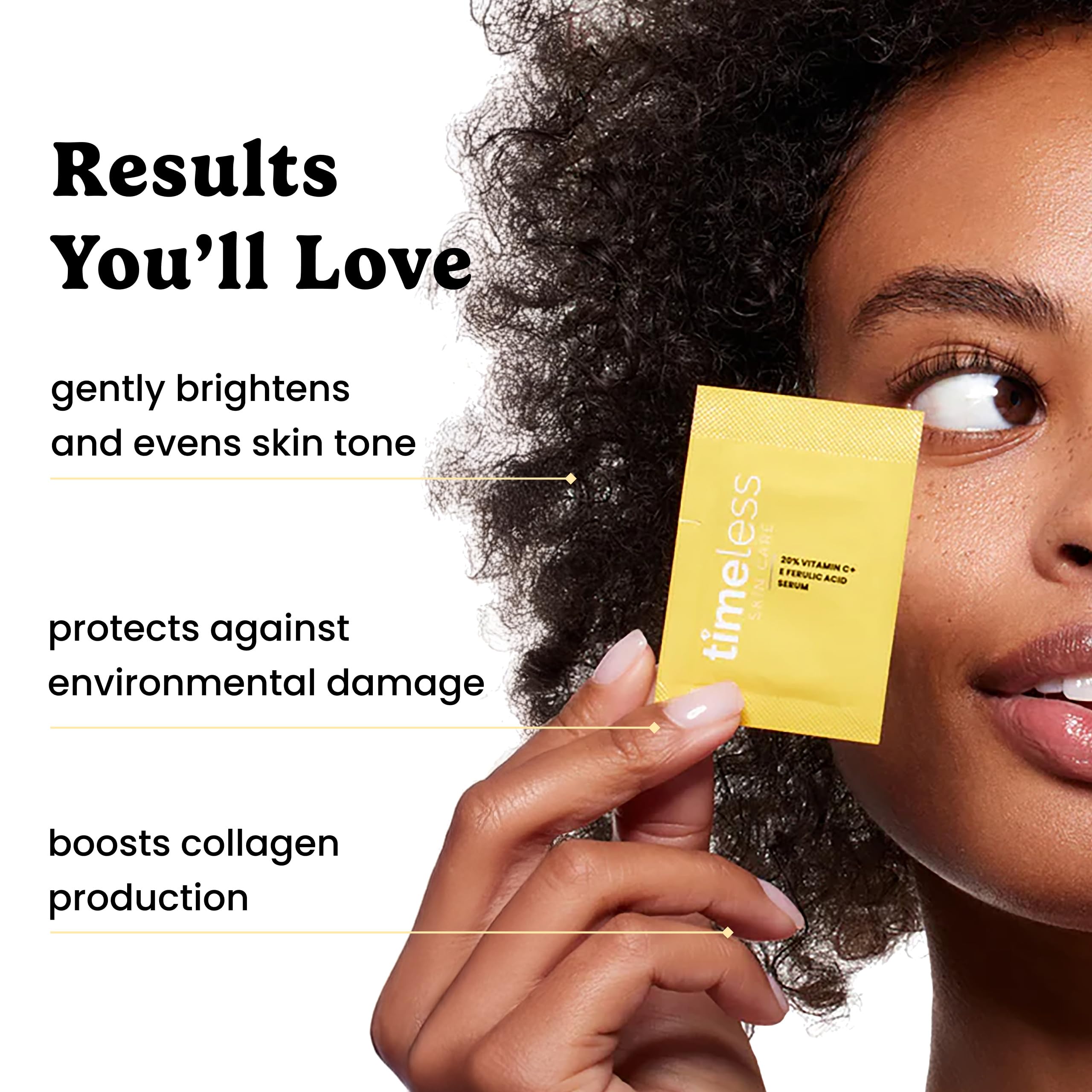 Timeless Skin Care Serum Vitamina C, ingredientes clave Ferúlico y Vitamina E.