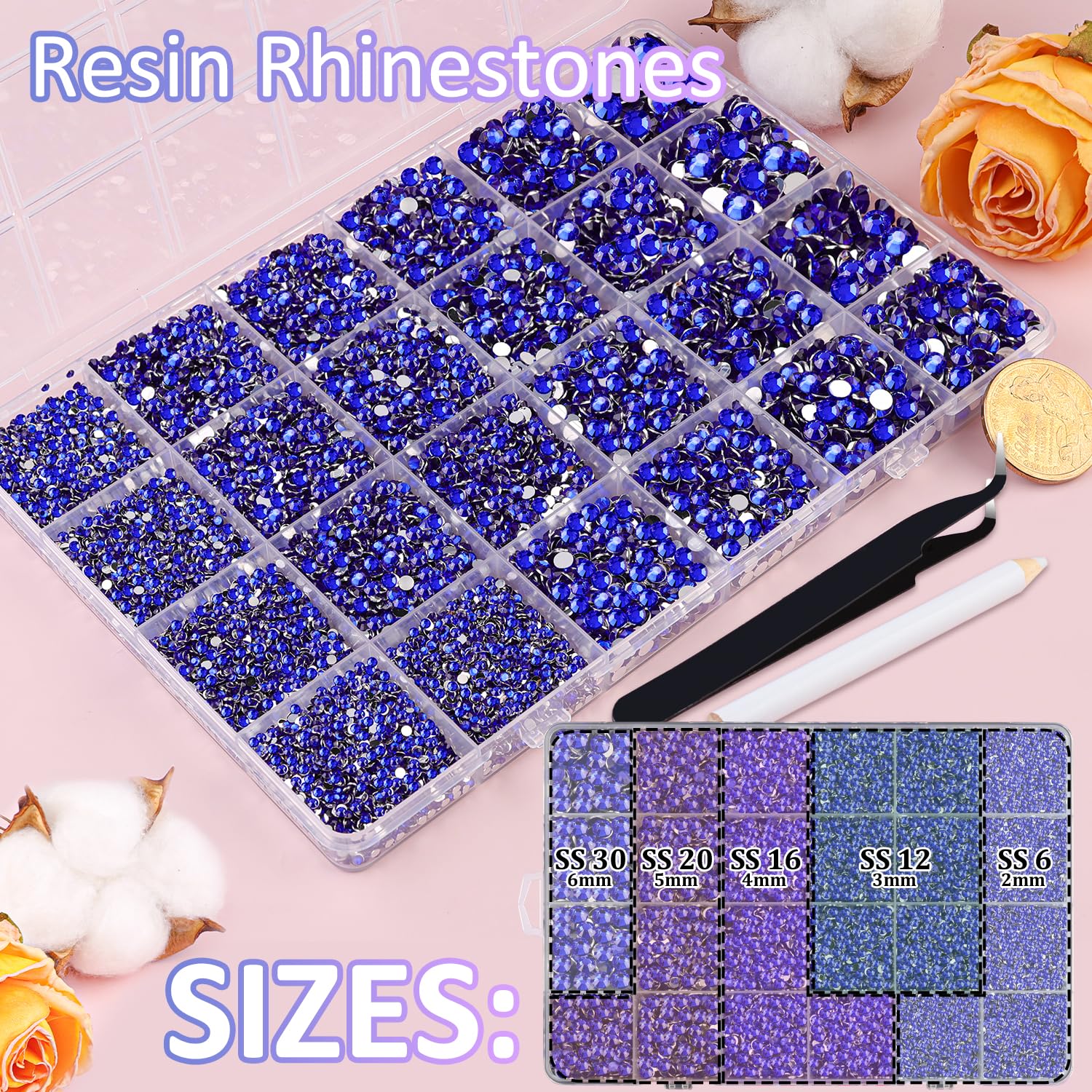 Piedras resina 2-6mm azul royal para detalles brillantes.