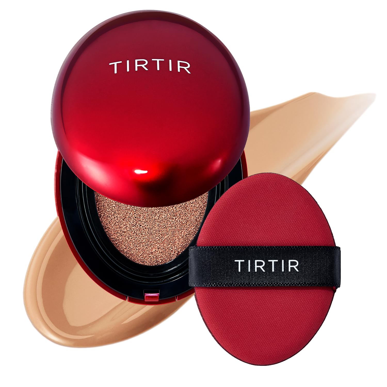 TIRTIR base en cojín rojo en botella, base duradera para un acabado uniforme.