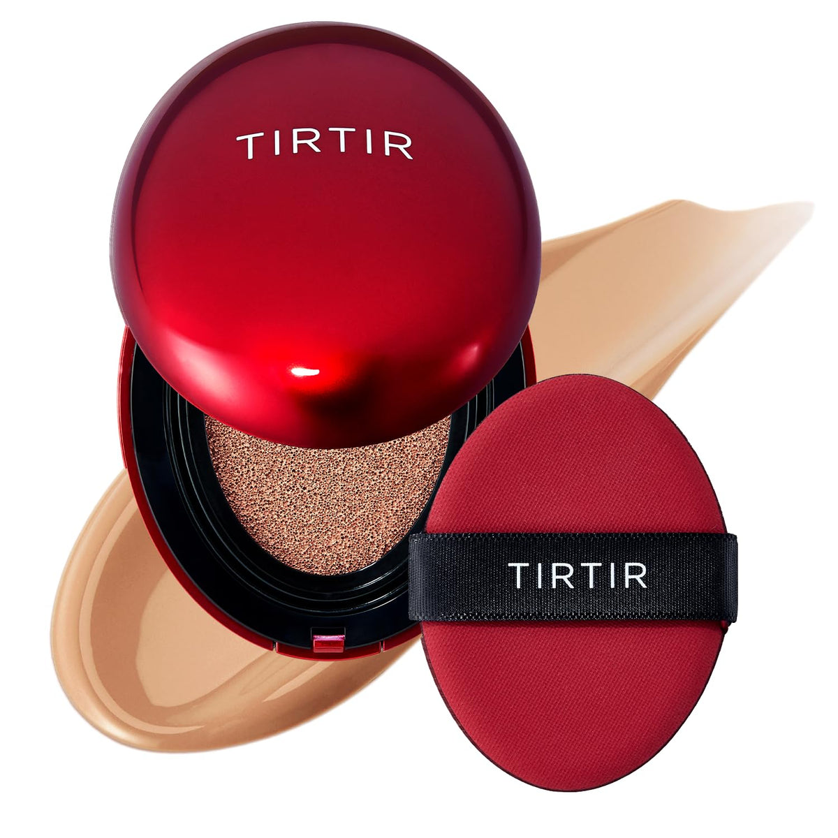 TIRTIR base en cojín rojo en botella, base duradera para un acabado uniforme.