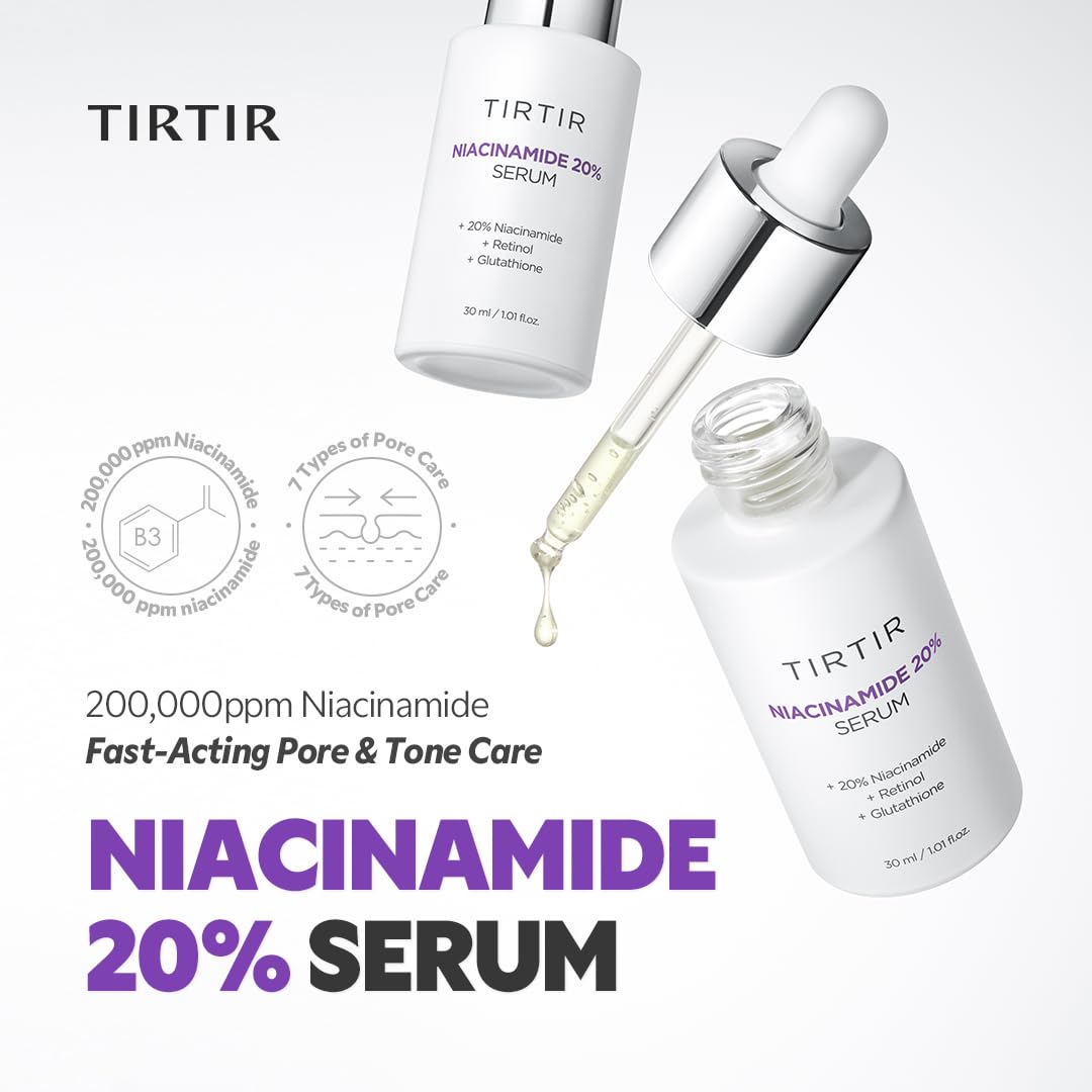Goutte de TIRTIR Niacinamide 20% appliquée sur peau pour teint plus homogène.
