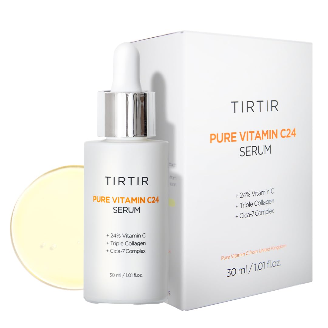 Serum TIRTIR vitamina C 24% en botella, brillo visible en la piel.