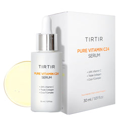 Serum TIRTIR vitamina C 24% en botella, brillo visible en la piel.