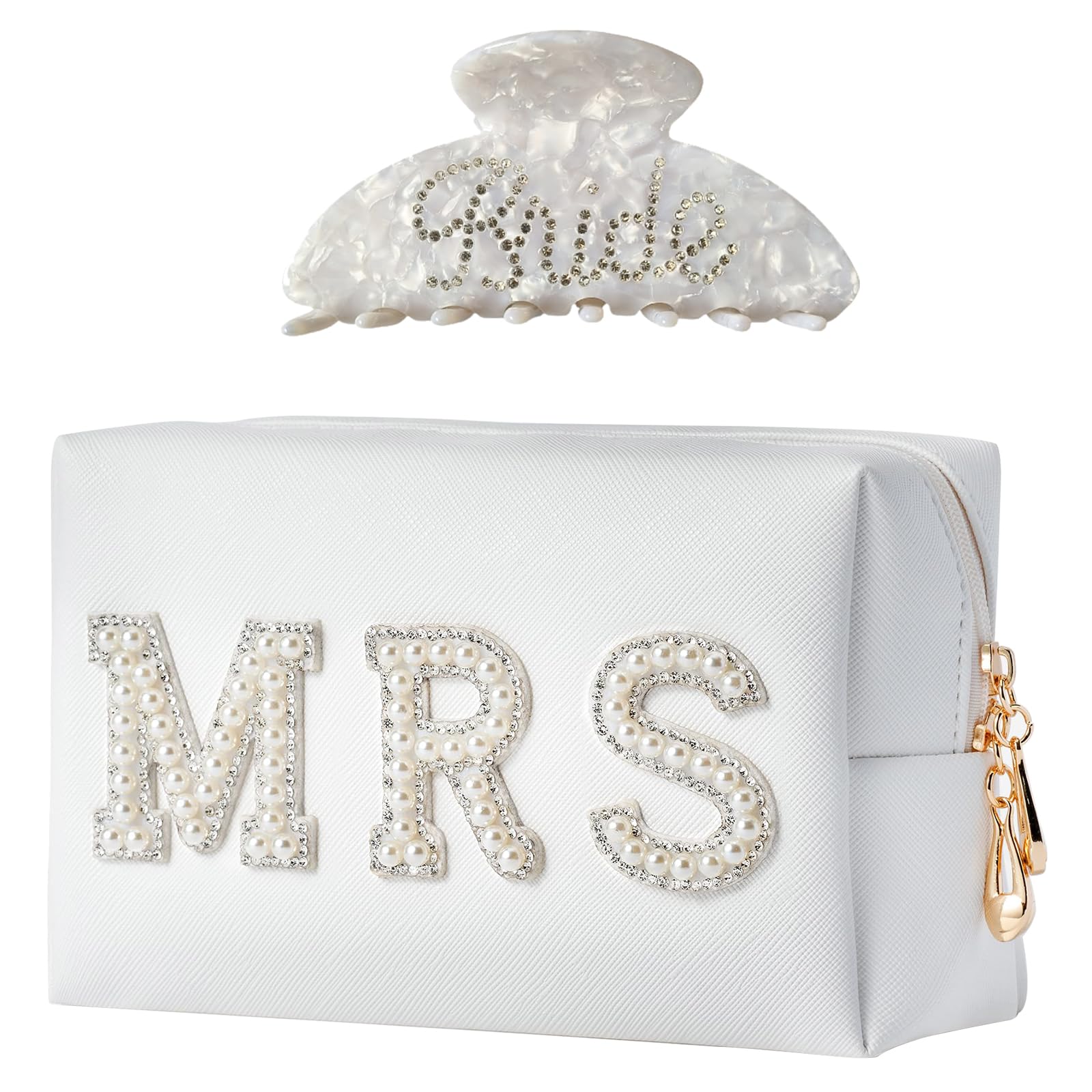 Tkifoda bolso cosmético blanco con perlas y cristales, ideal para viaje diario