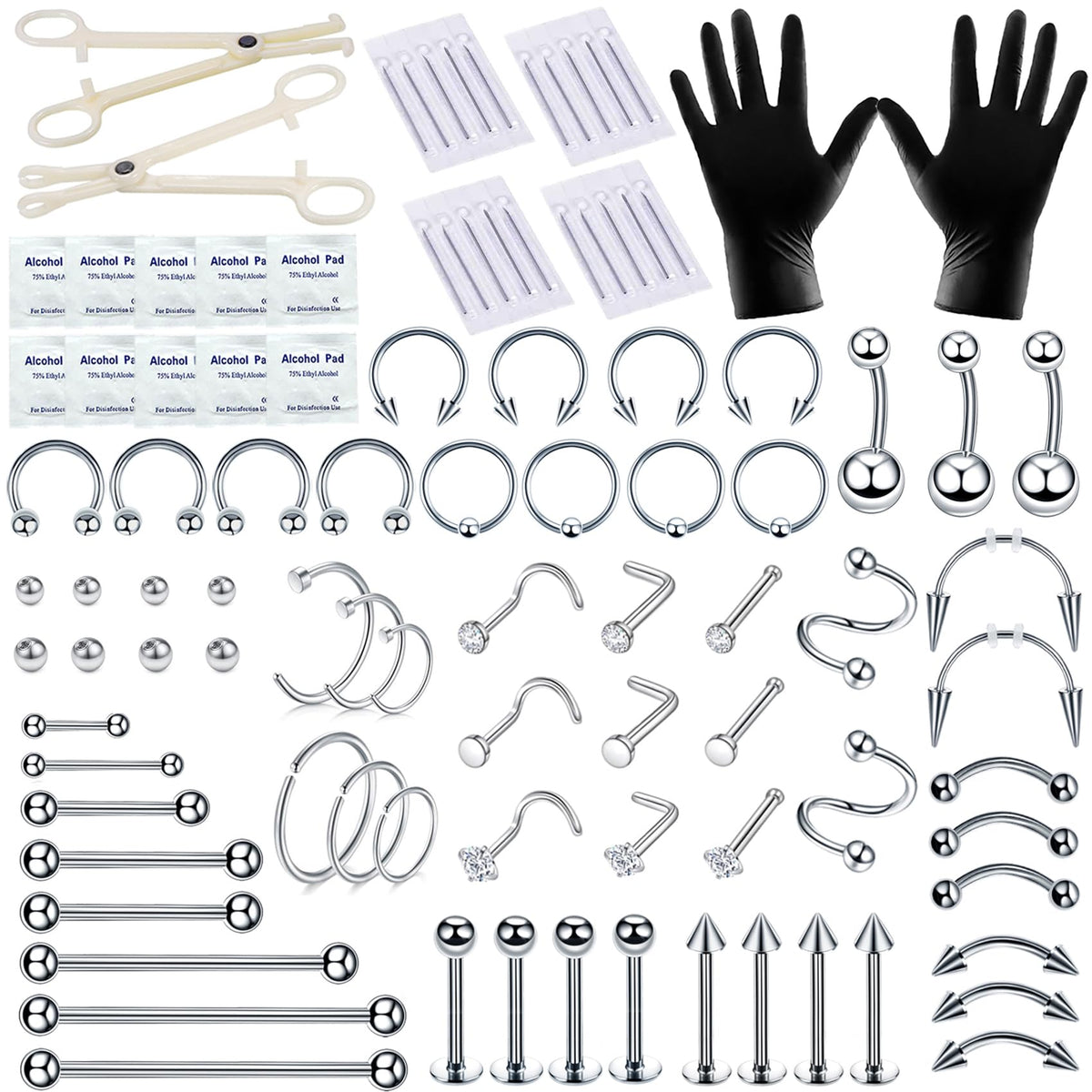 Kit TKKUY 94 piezas para piercing, profesional y seguro para uso clínico o artesanal