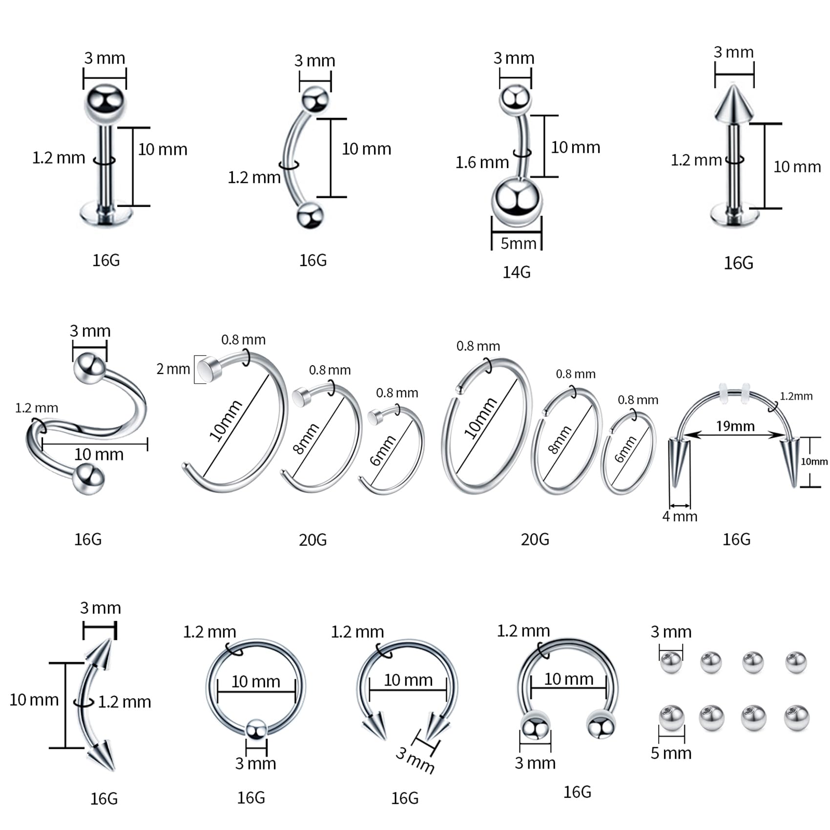 Conjunto labret para labios y otros perforaciones, gran versatilidad