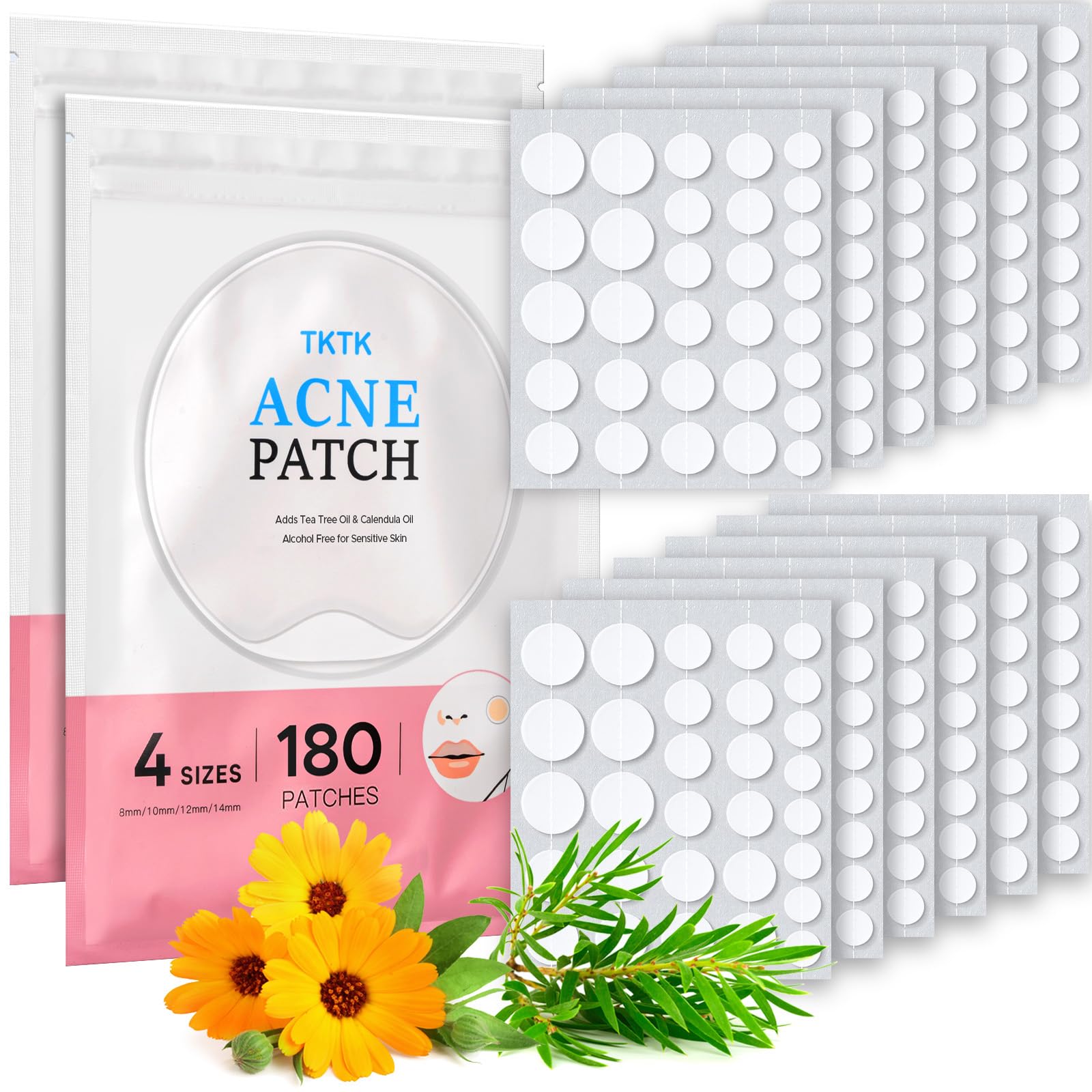 TKTK hydrocolloid acne patch with tea tree calendula close-up for gentle spot care.