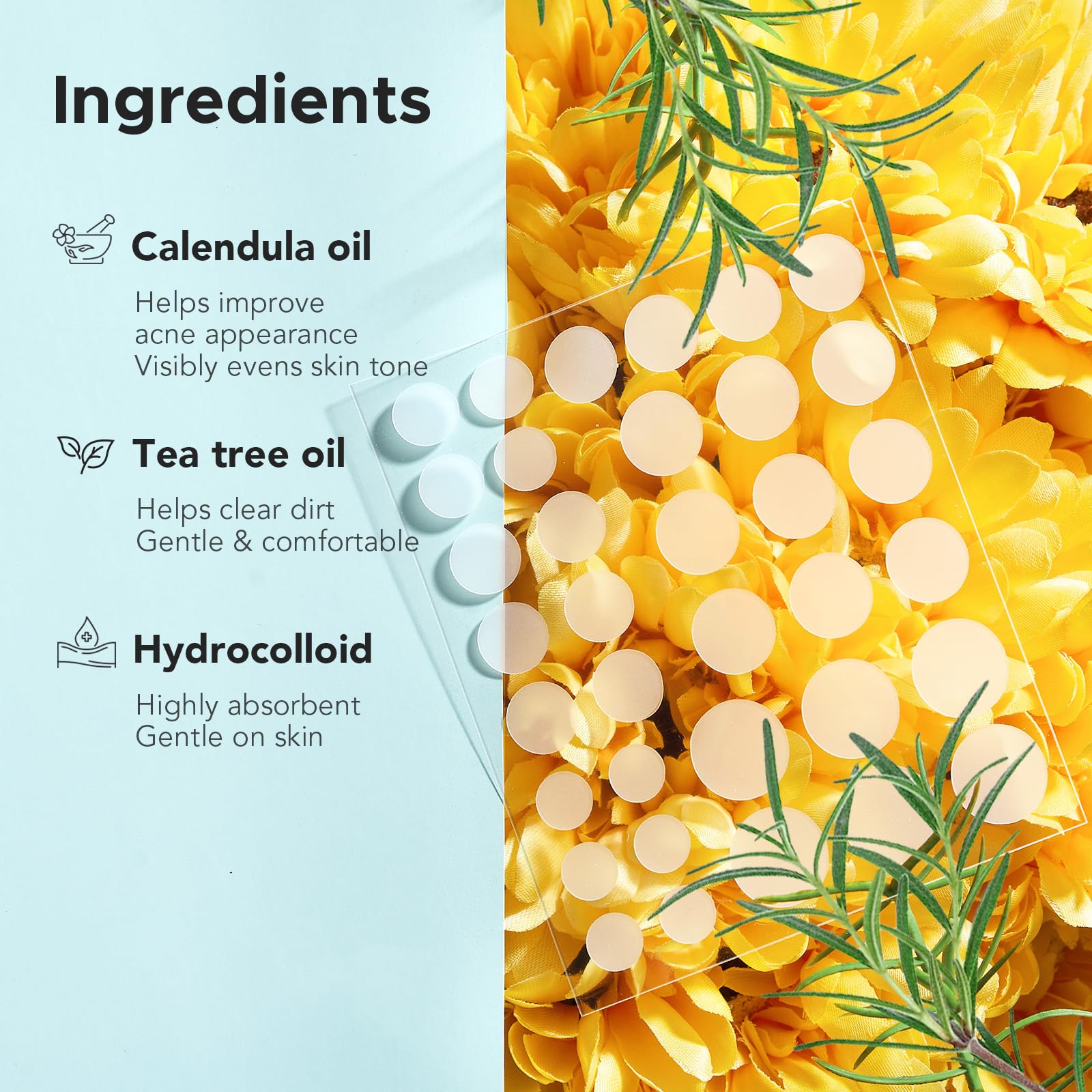 TKTK Pimple Patch features tea tree and calendula oils for skin-friendly care.