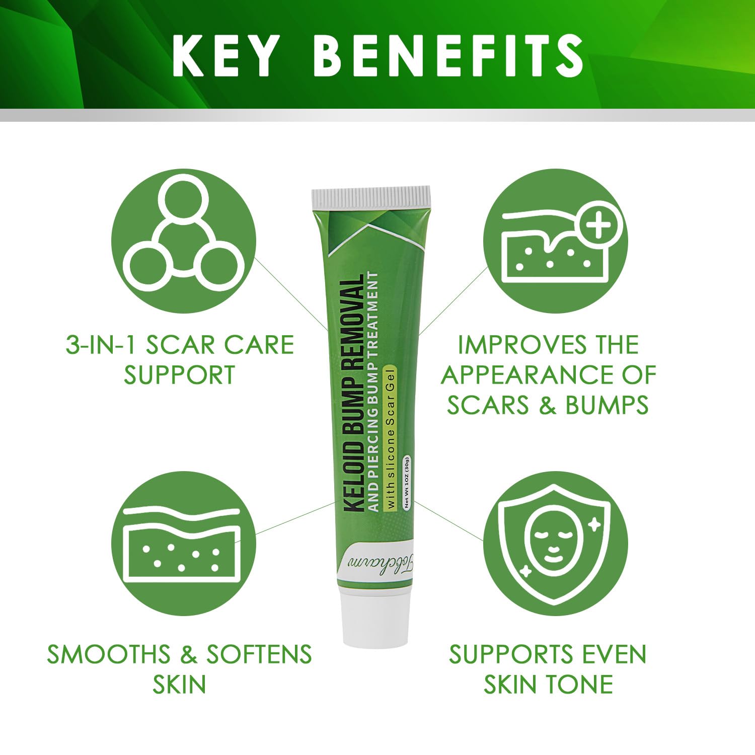 Tobcharm Advanced Keloid Scar Gel bottle closeup highlights silicone formula for scar care