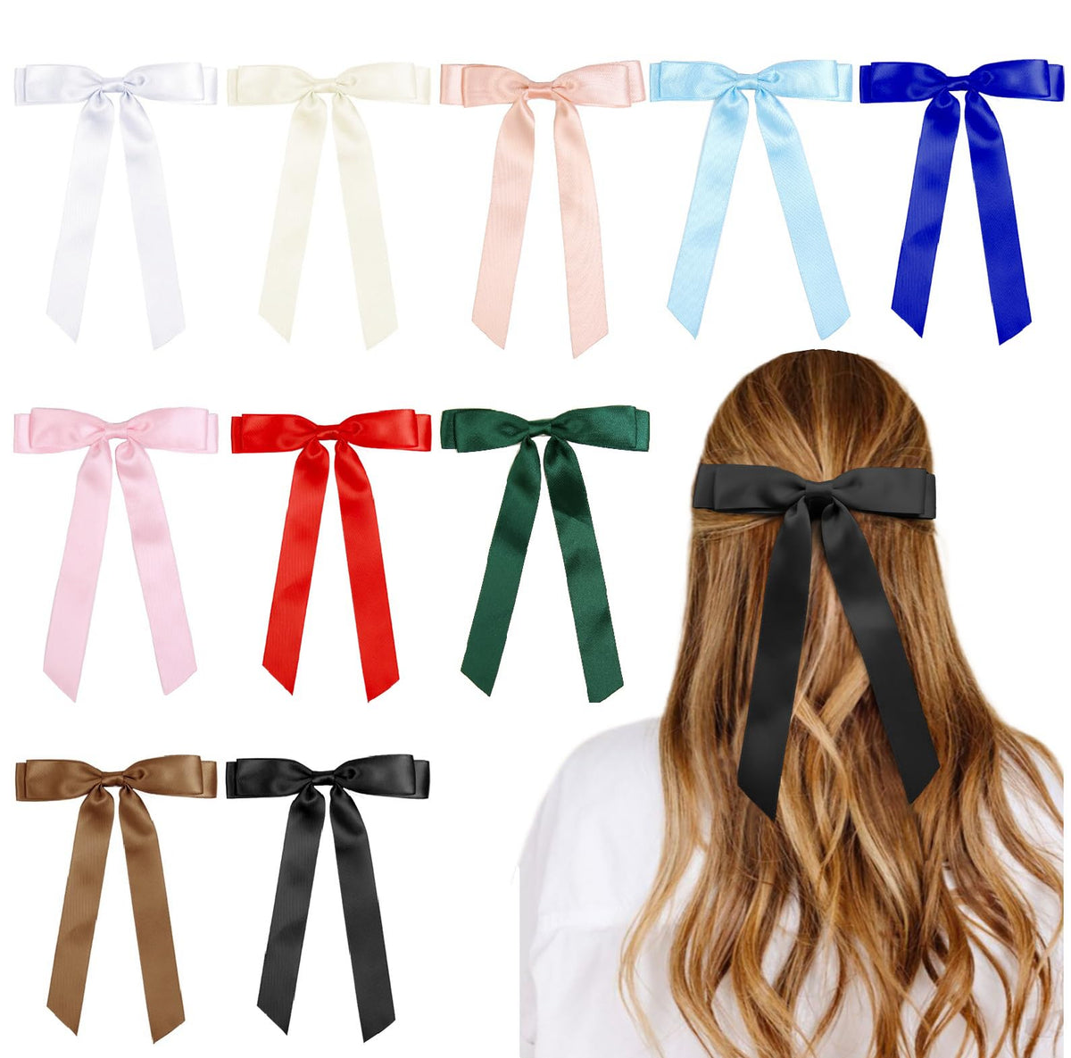 Lazo de pelo satinado Tobeffect en 10 colores, ideal para cualquier atuendo.