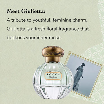 Tocca Giulietta label closeup showing 1920s-inspired glass bottle and refined packaging.