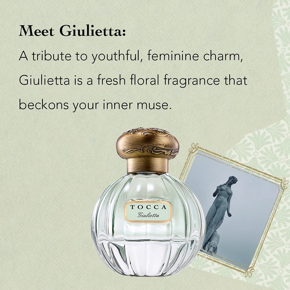 Tocca Giulietta label closeup showing 1920s-inspired glass bottle and refined packaging.