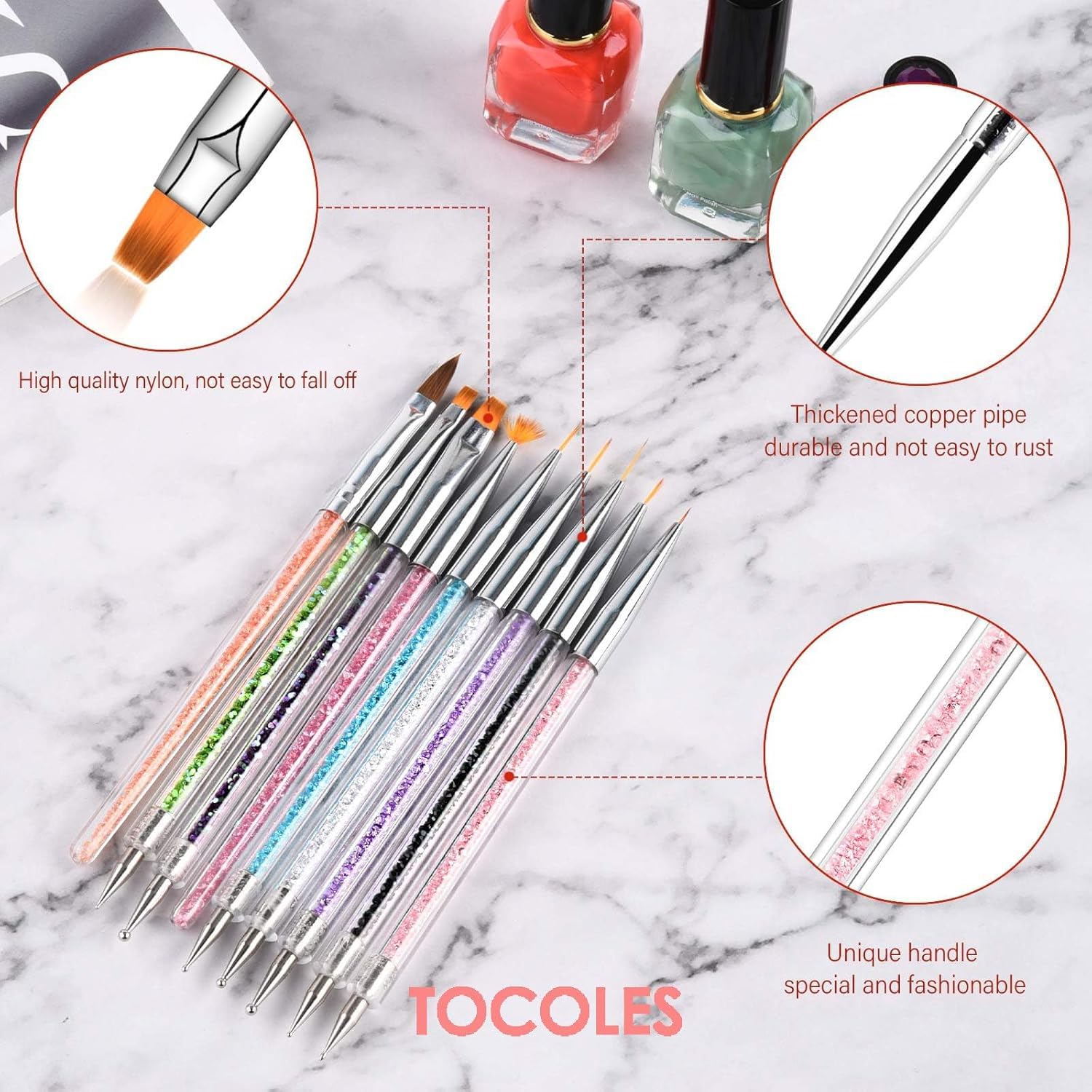 TOCOLES pinceles de doble extremo, versatilidad para diseños variados.