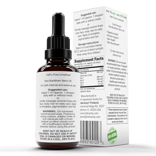 TODICAMP Aceite de espino amarillo prensado en frío, botella y gotero para usos faciales