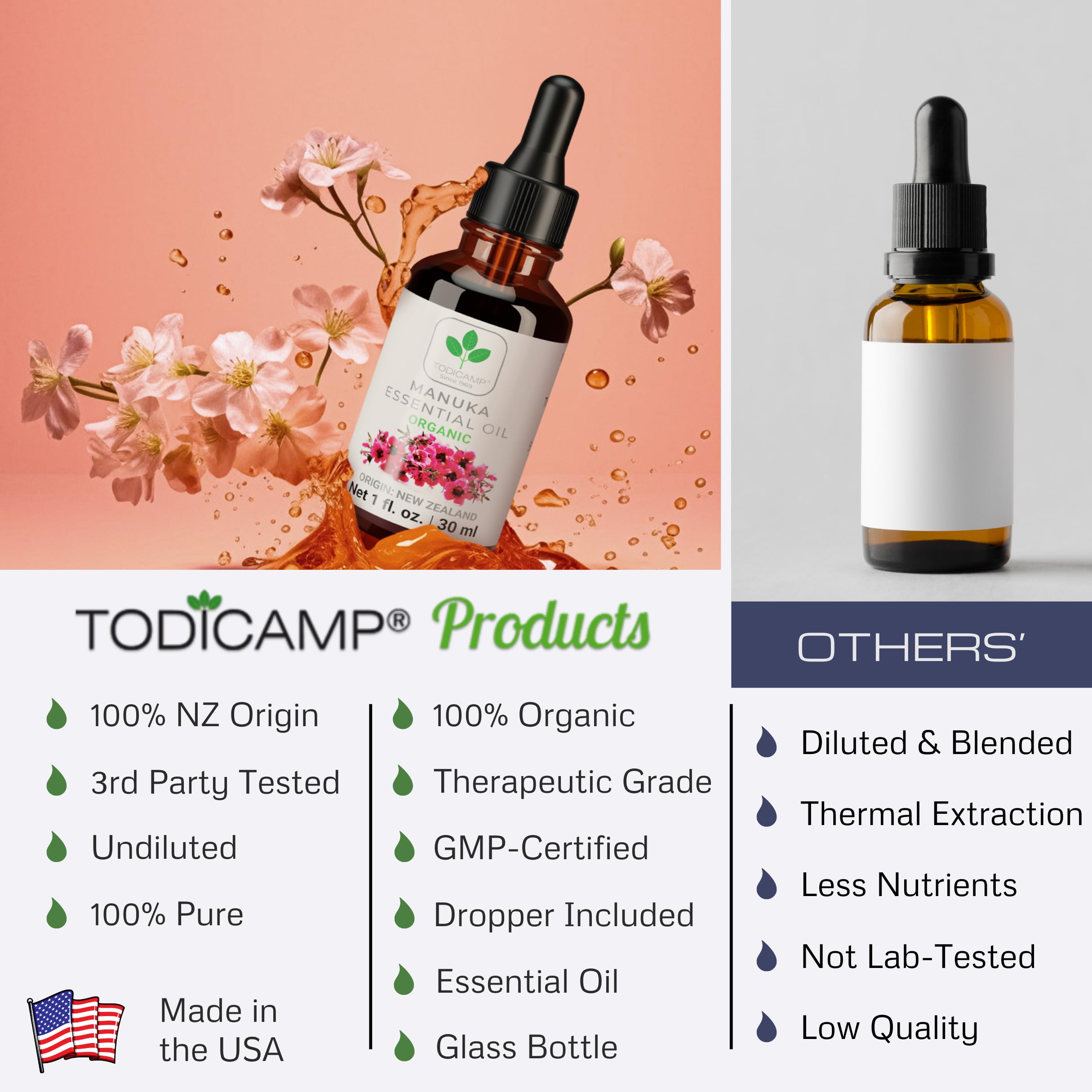 TODICAMP Aceite Manuka en envase de vidrio, opción sostenible para uso diario.