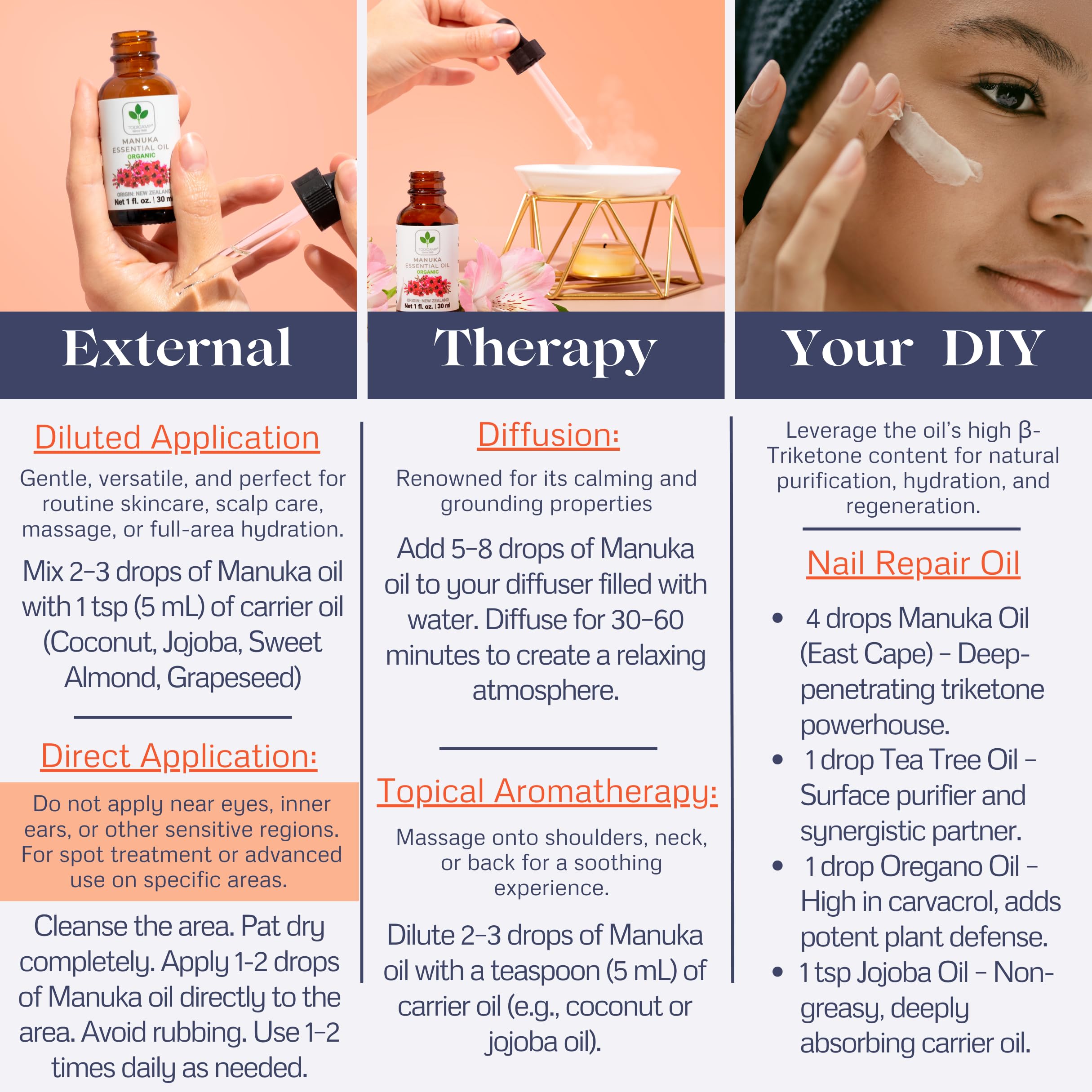 TODICAMP Aceite Manuka etiqueta clara, versátil para cosmética natural.