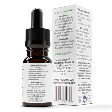 TODICAMP Aceite Manuka puro, frasco con gotero, para uso tópico suave.