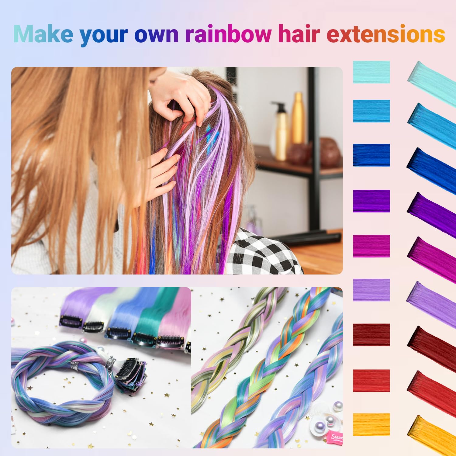 Extensiones TOFAFA con clips en color arcoíris para disfraces y fiestas.
