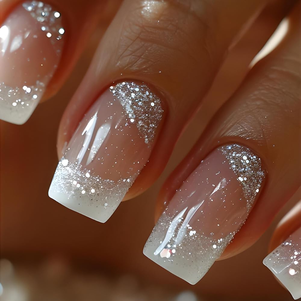 TOGZOM uñas postizas cuadradas medias Frances brillo plata para estilo elegante