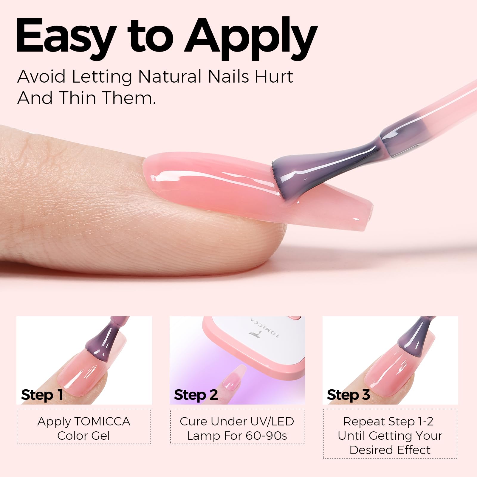Aplicación fácil de esmalte gel TOMICCA con brillo alto y uniforme