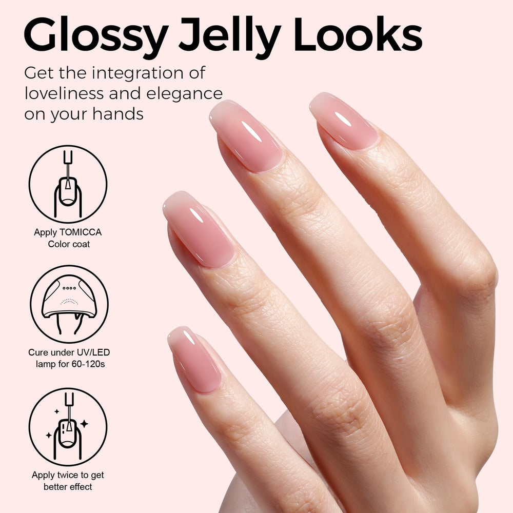 Esmalte gel rosa nude de TOMICCA en aplicación capa por capa para acabado suave