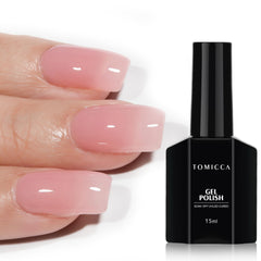 Esmalte gel rosa translúcido de TOMICCA, frasco cercano para uñas brillantes y naturales
