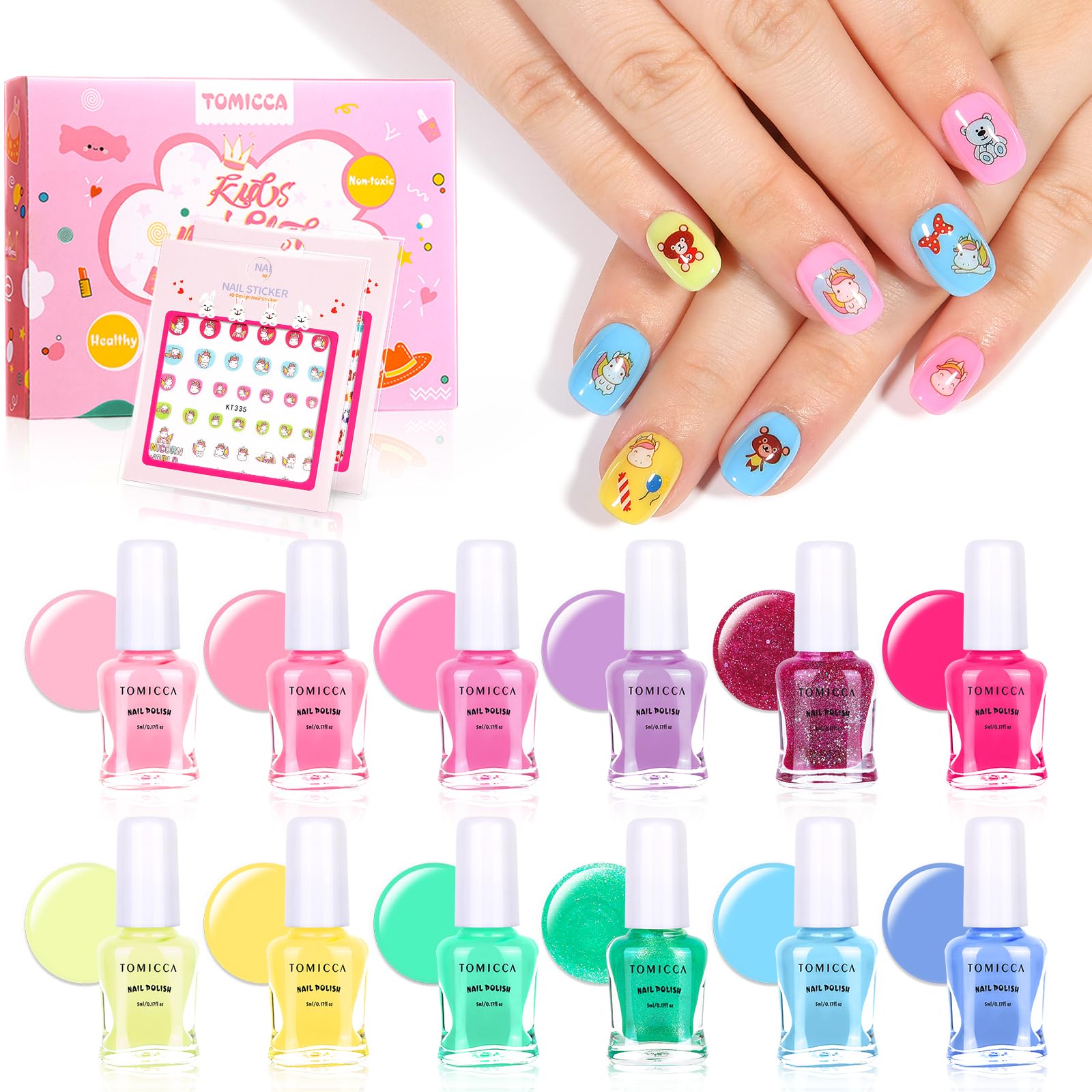TOMICCA kit esmalte ninos, 12 colores arcoiris, seguro para uñas.