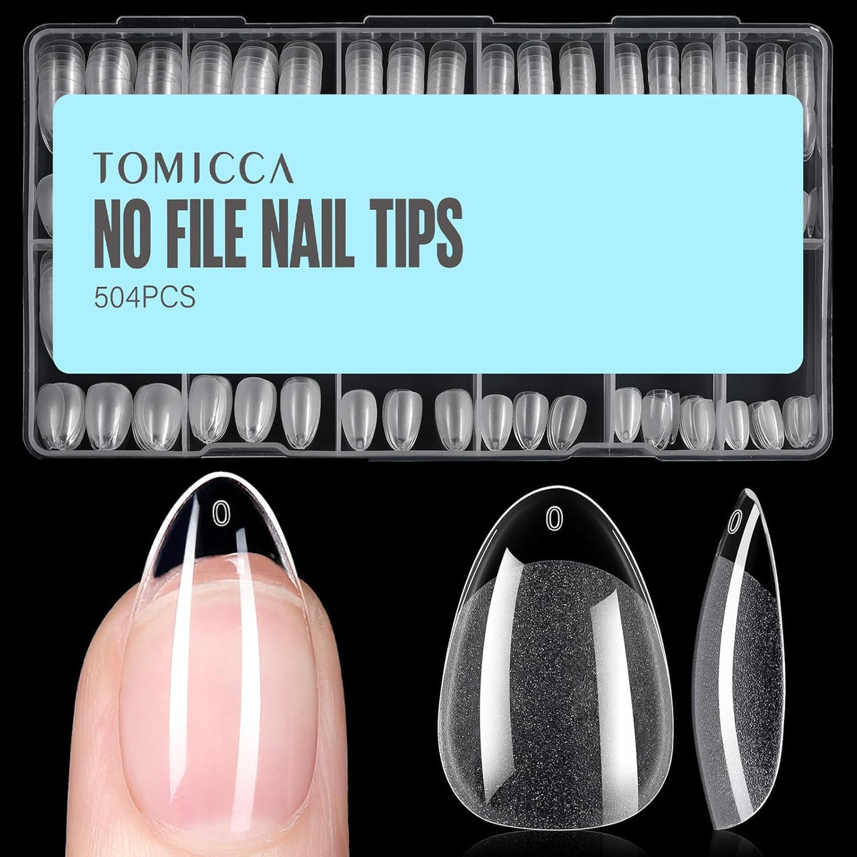 Puntas en almendra de TOMICCA, acabado corto para uñas naturales.