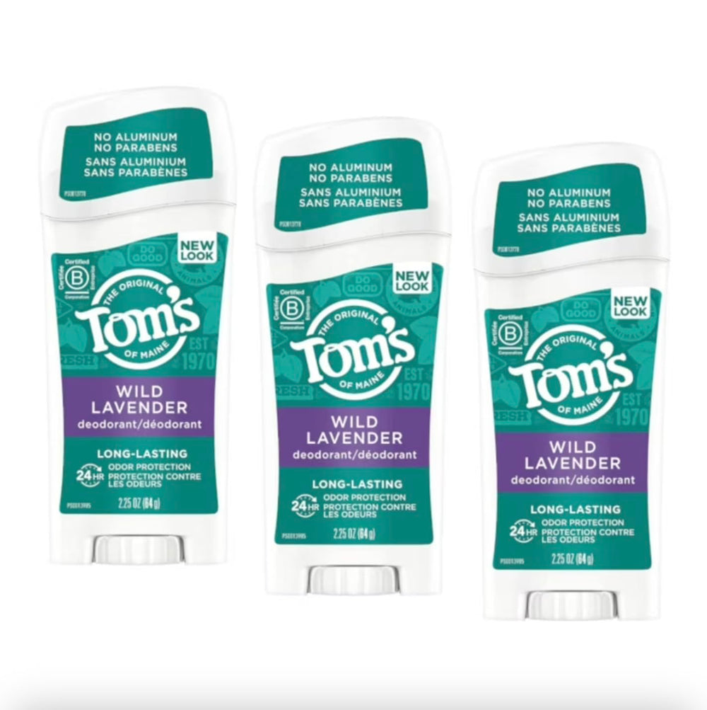 Tom's of Maine desodorante natural lavanda salvaje en envase para frescura diaria.