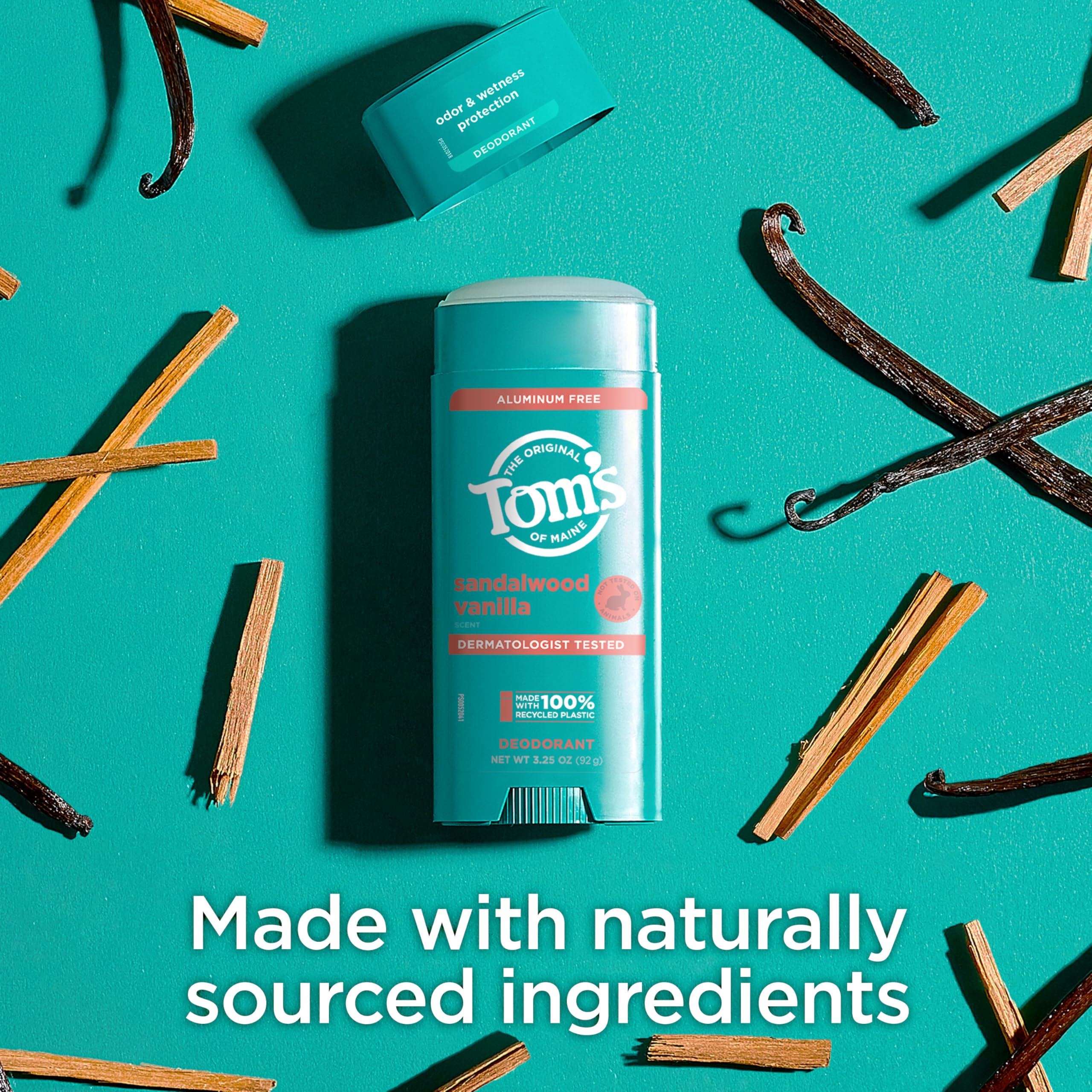 Tom's of Maine Sandalwood Vanilla, envase reciclado para sostenibilidad.