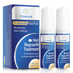 Tomum Minoxidil Foam bottle pump showing easy, mess-free application