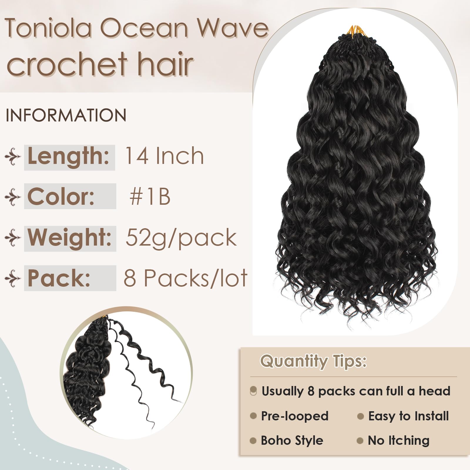 Toniola Ola Marina cabello crochet 14in, aspecto completo para peinado versátil
