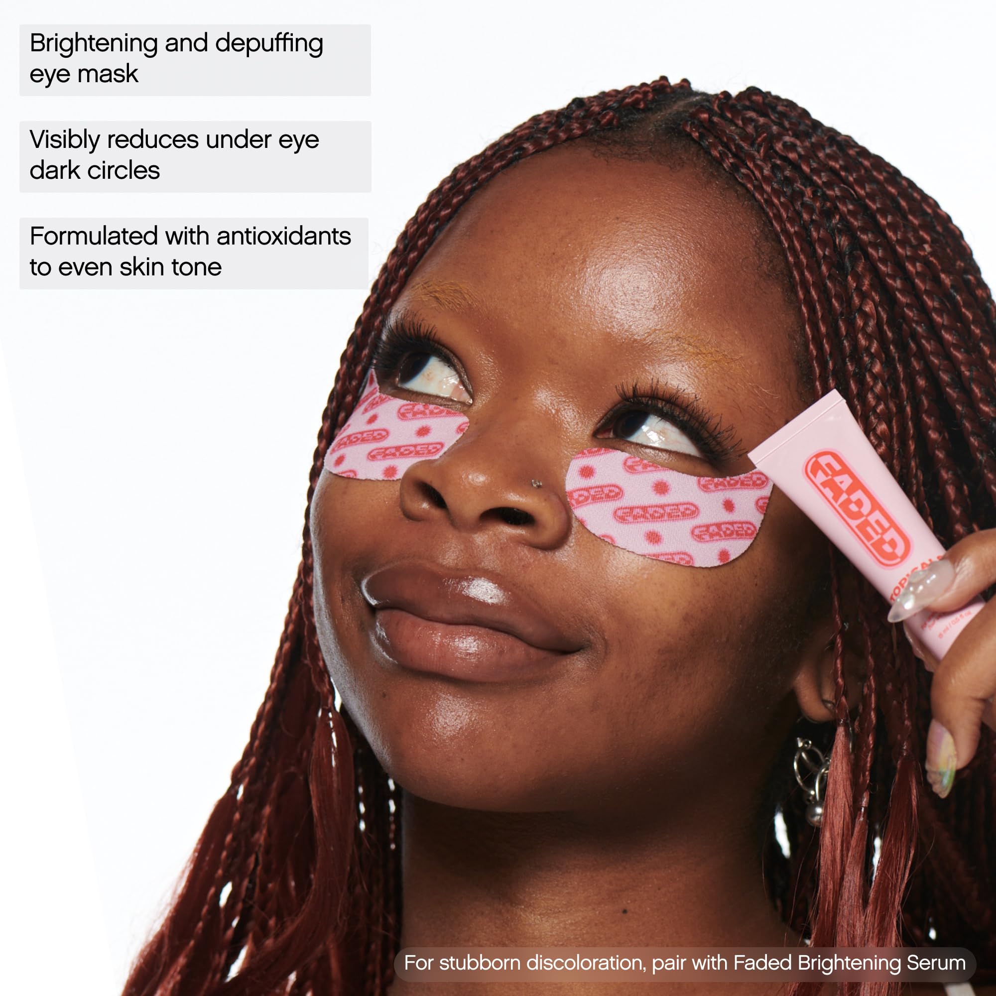 Topicals Faded under eye mask close-up highlights niacinamide and kojic acid benefits.