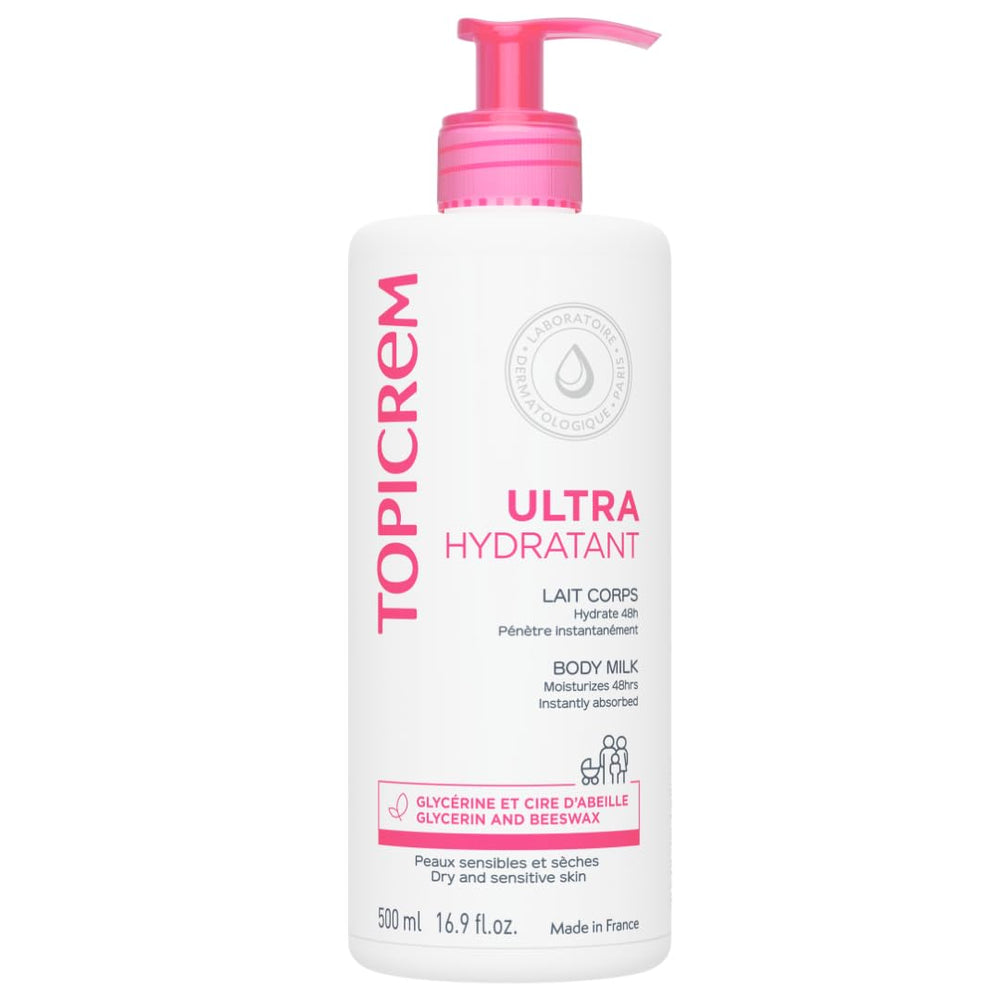 Topicrem leche corporal 500ml en botella, hidratación diaria para piel seca y sensible.