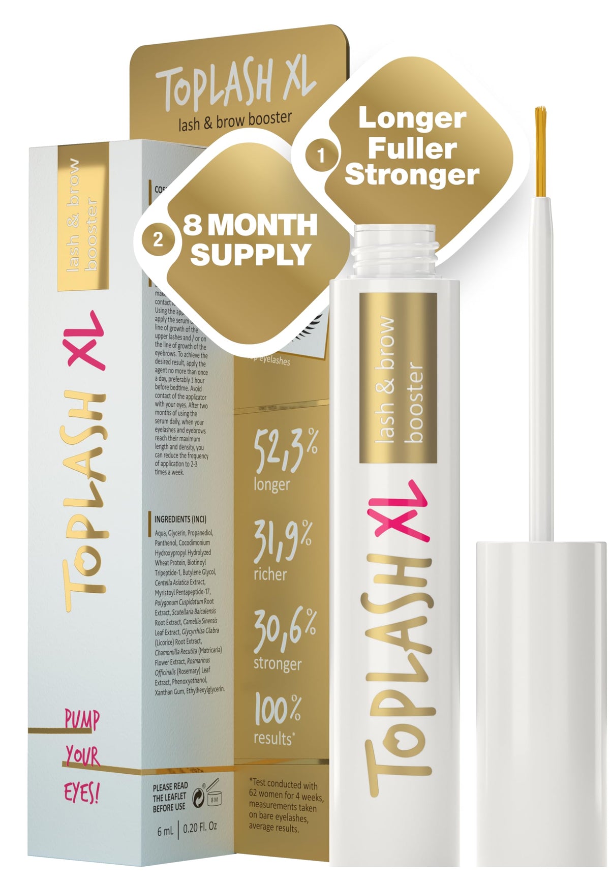 Toplash XL sérum cils et sourcils avec brosse pour une application précise.