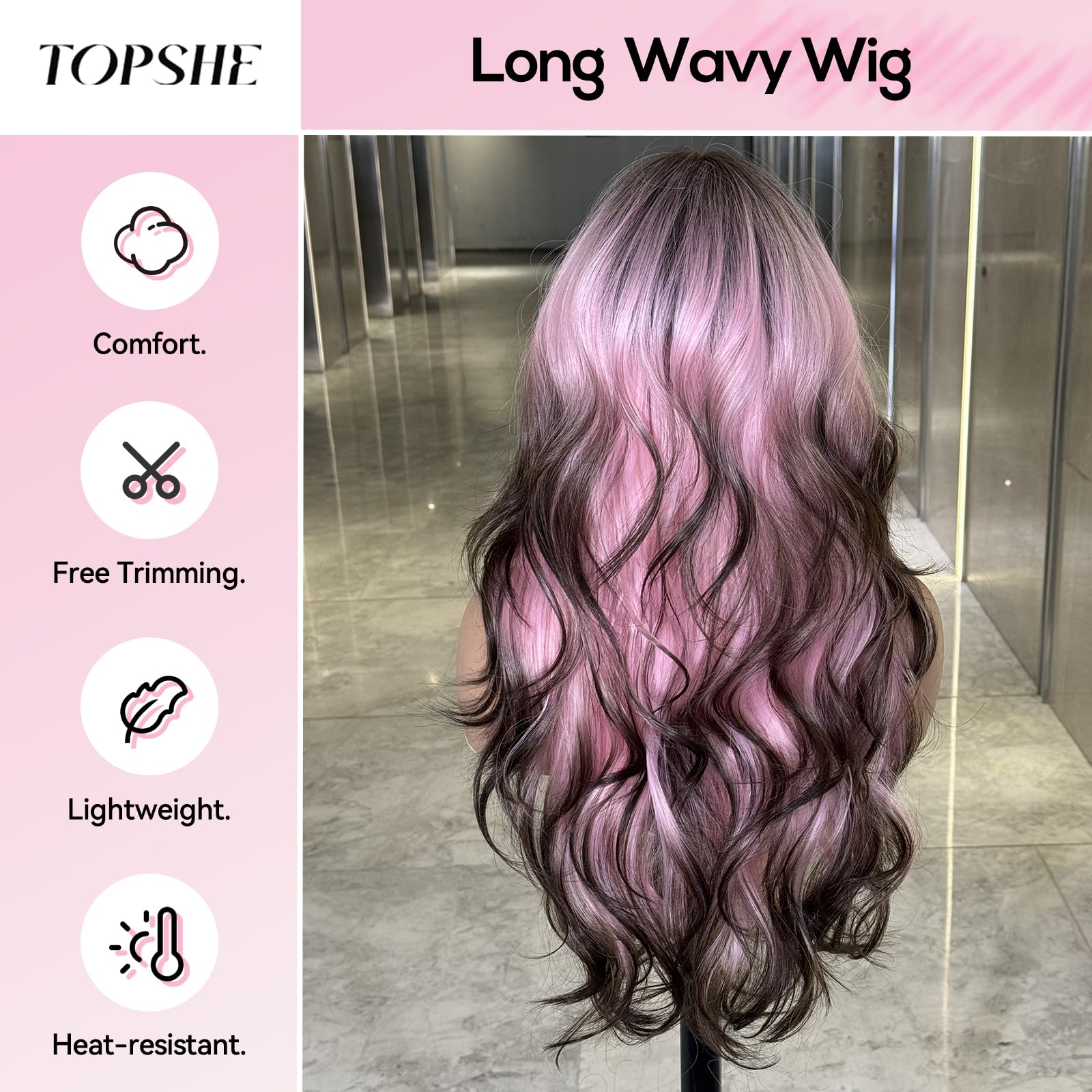 Peluca Topshe rizos largos con balayage rosado para volumen natural.