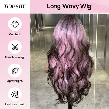 Peluca Topshe rizos largos con balayage rosado para volumen natural.