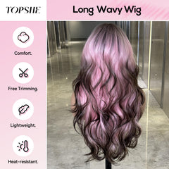 Peluca Topshe rizos largos con balayage rosado para volumen natural.