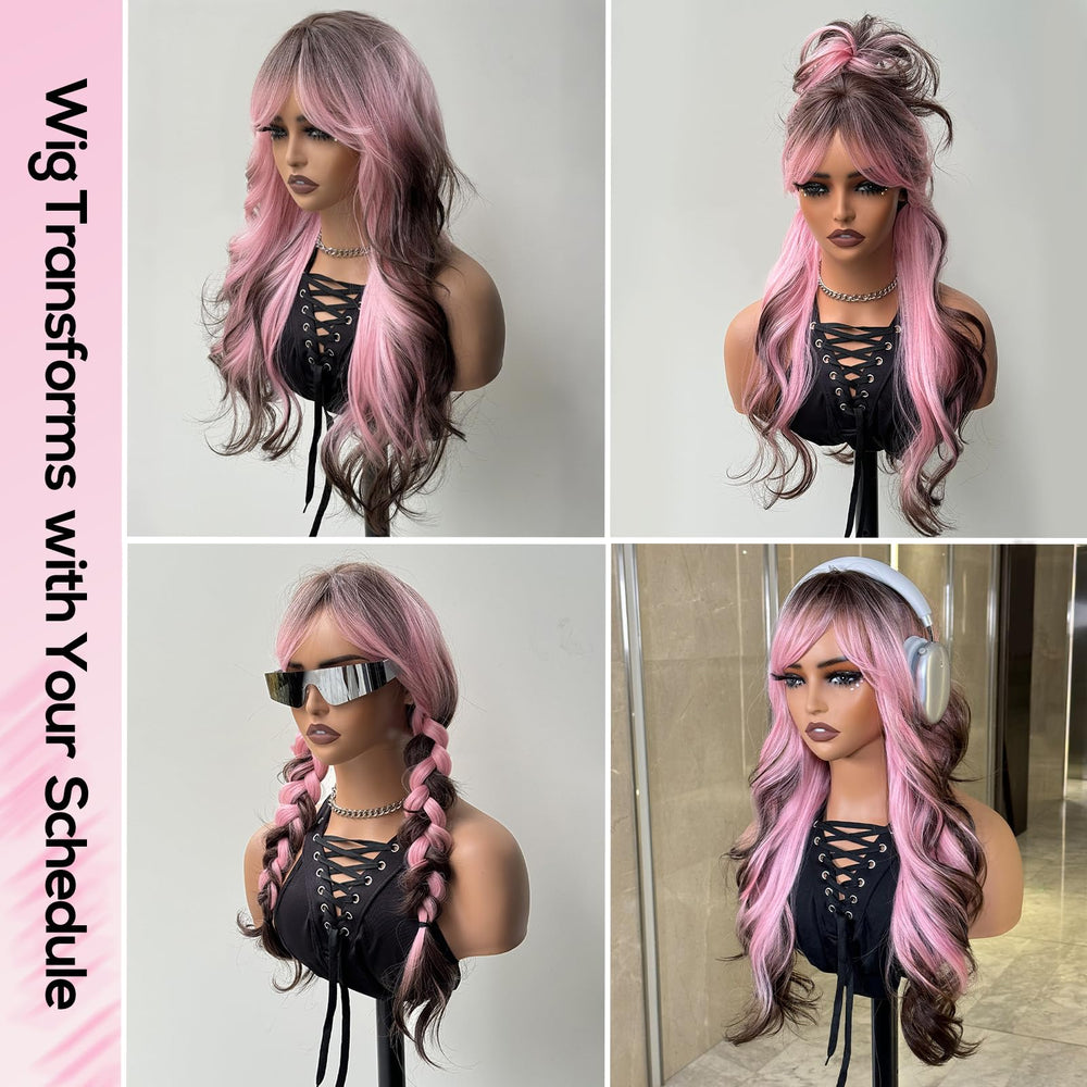 Peluca Topshe rosa rizada con raíces marrón, ideal para disfraces y eventos.