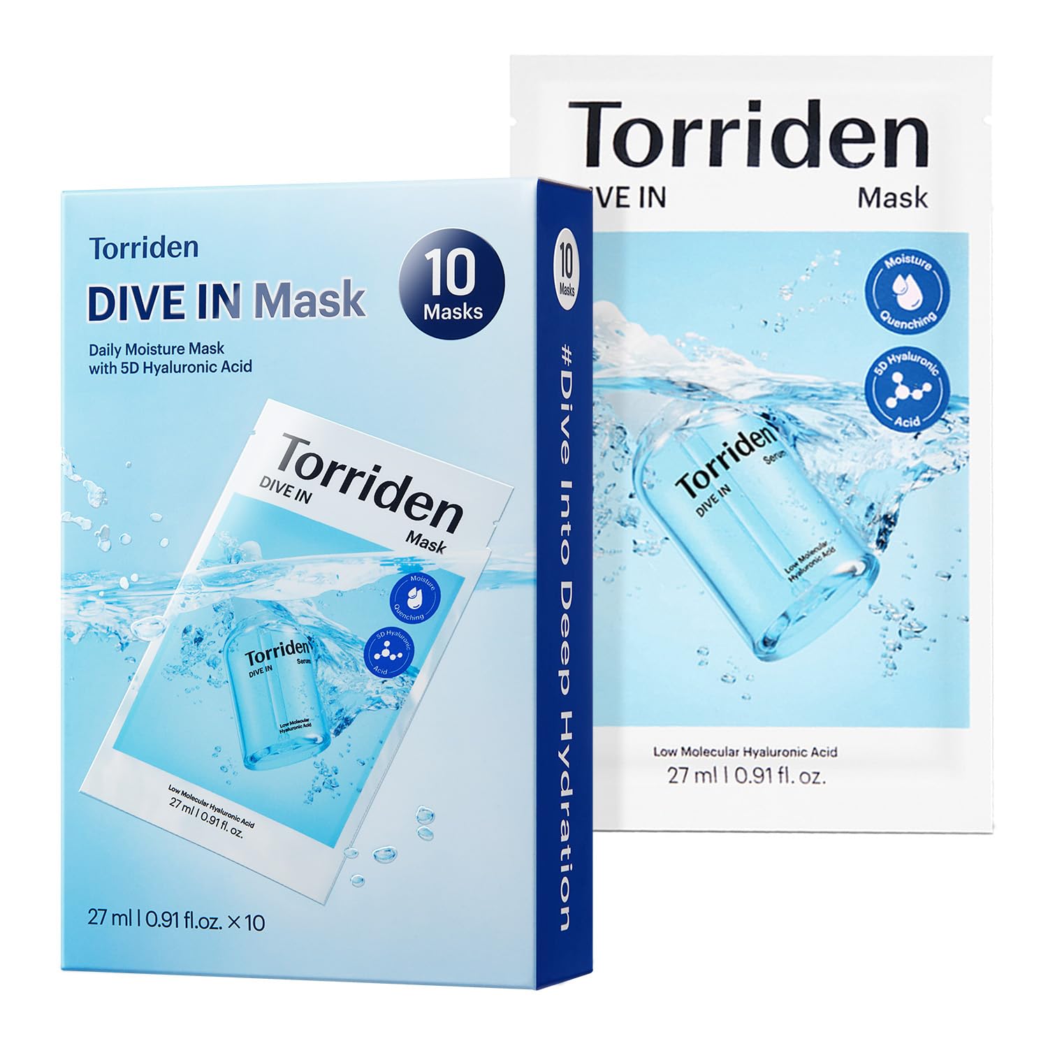 Torriden Dive In mascarilla hialurónica en envase, hidratación constante para la piel.