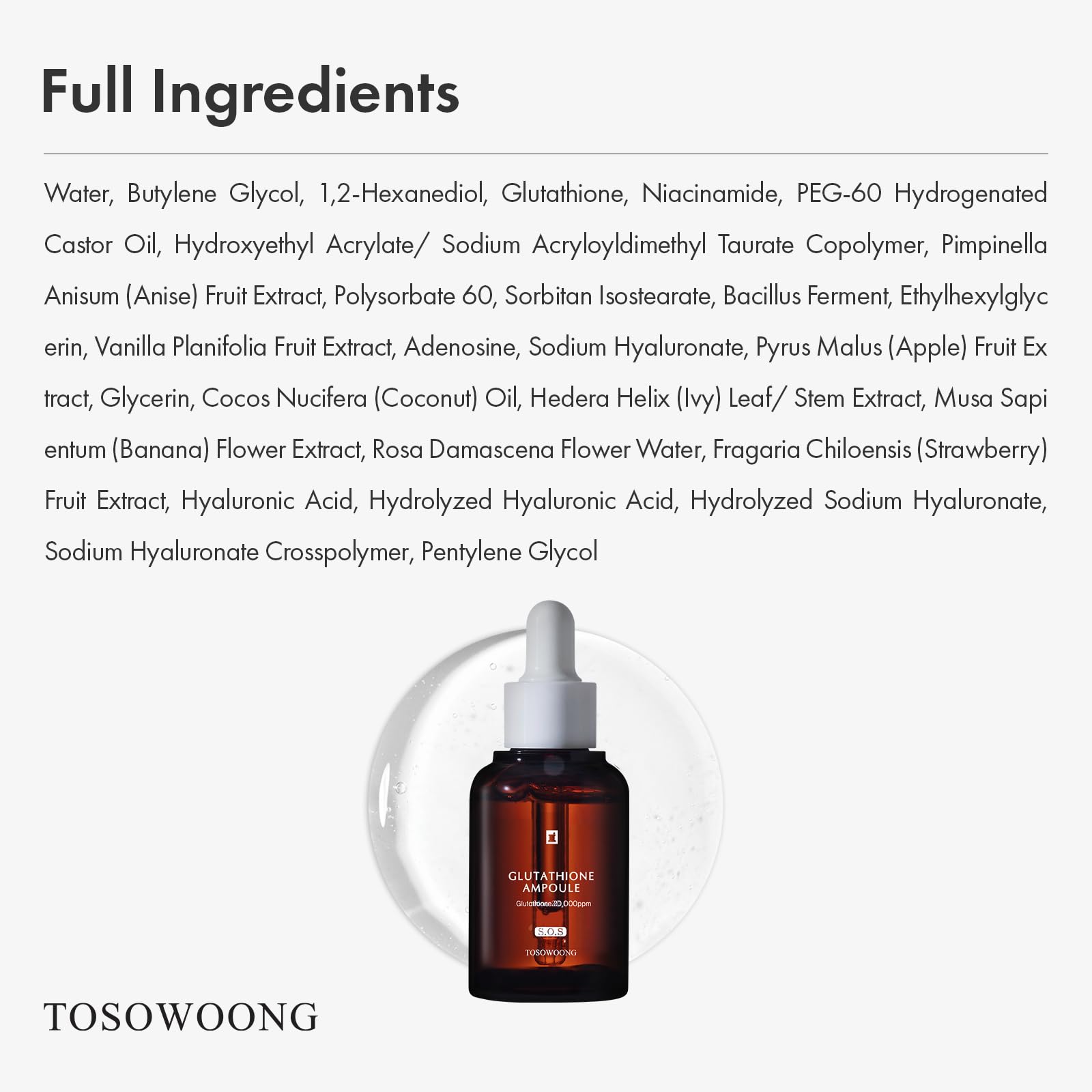 Empaque y etiqueta del serum de glutacion de TOSOWOONG.