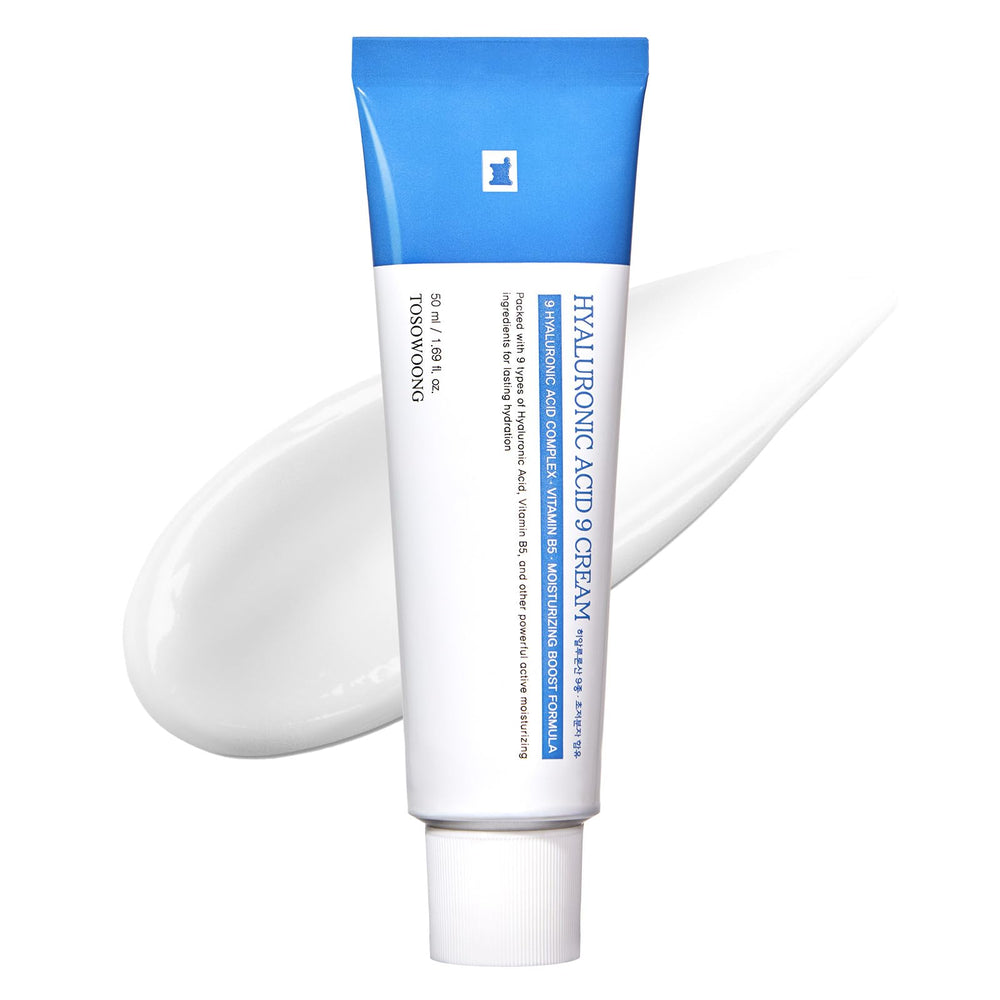 TOSOWOONG Hyaluronic Acid 9 Cream en bote, hidratación duradera para piel suave.