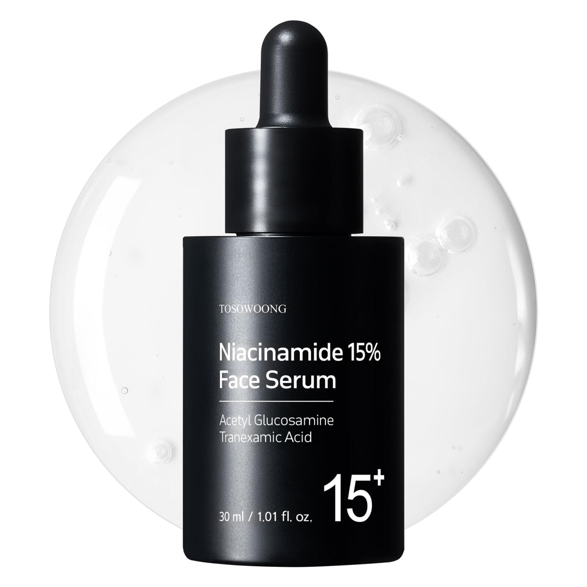 TOSOWOONG Niacinamide 15% serum, botella de vidrio, piel más suave y tono uniforme.