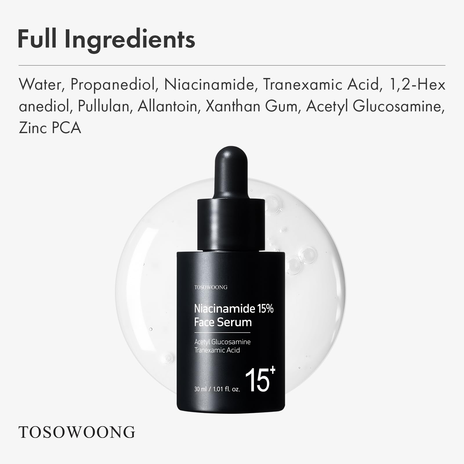 TOSOWOONG Niacinamide 15% serum, piel luminosa y tono uniforme.