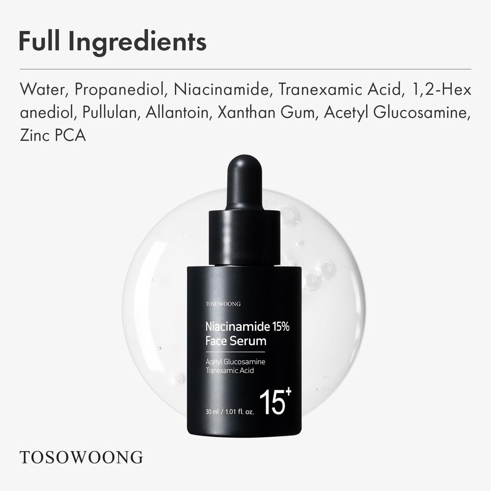 TOSOWOONG Niacinamide 15% serum, piel luminosa y tono uniforme.